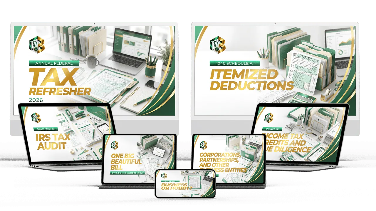 Course covers including Annual Federal Tax Refresher and Itemized Deductions