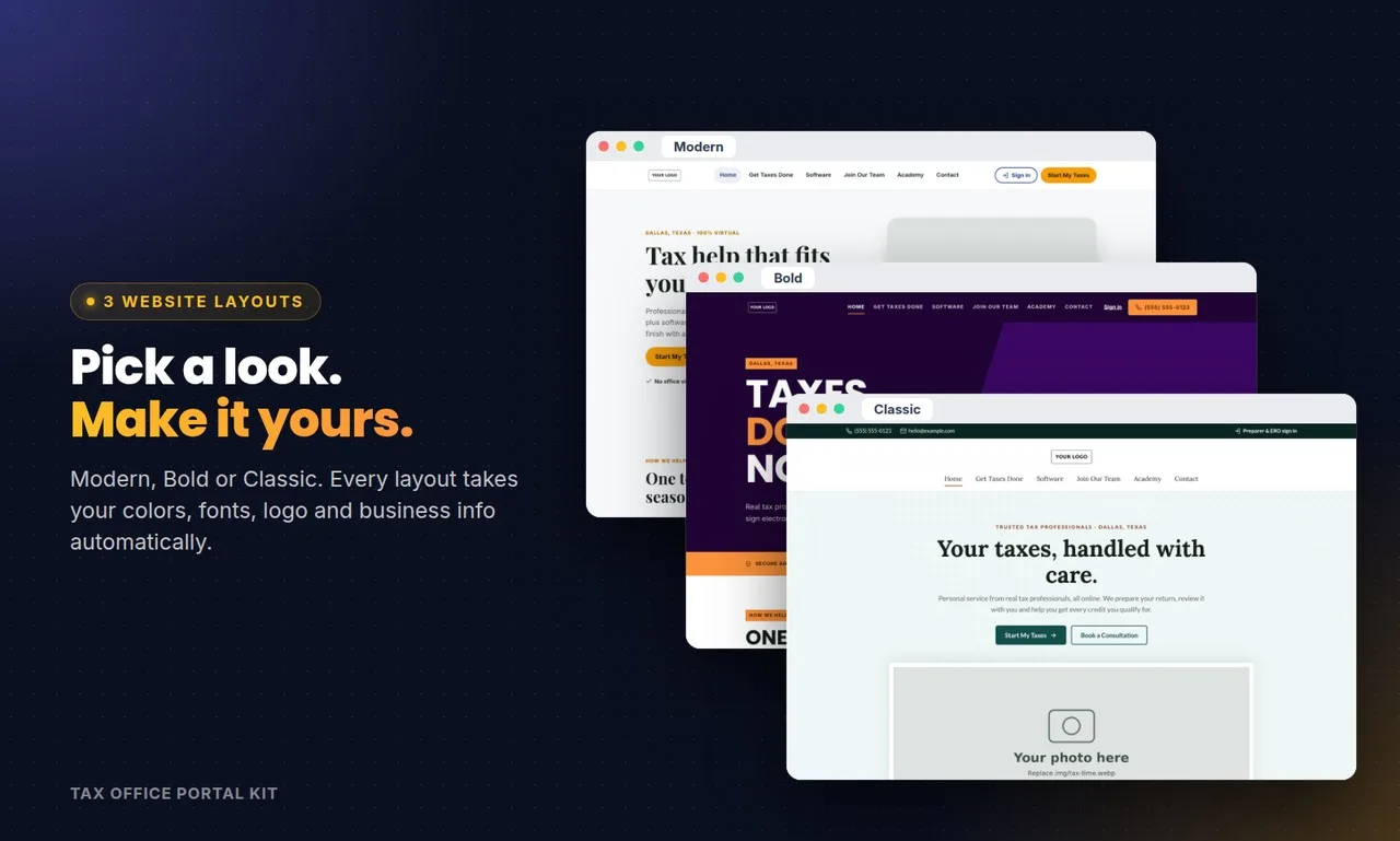 Three website layouts